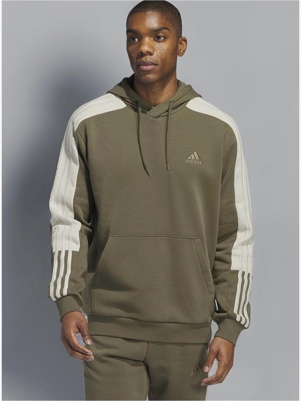 adidas Olive Green Hoodie with White Shoulder Stripes
